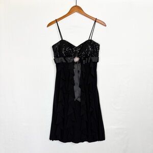 Y2K Cache Mini Dress Ruffle Sequin Black Size 8 Sweetheart Neckline USA